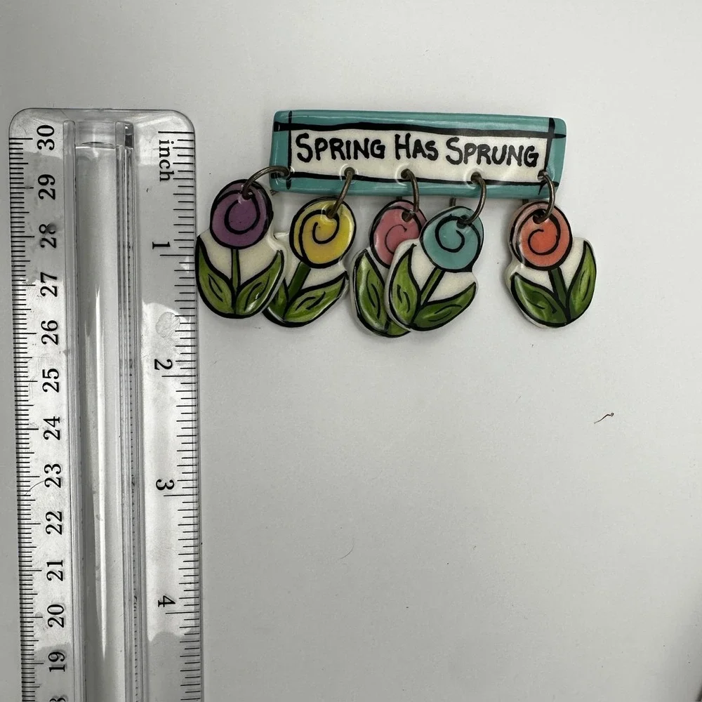 Vintage 80s Spring‎ Has Sprung Enamel Brooch Colourful Dangling Flowers Jewelry